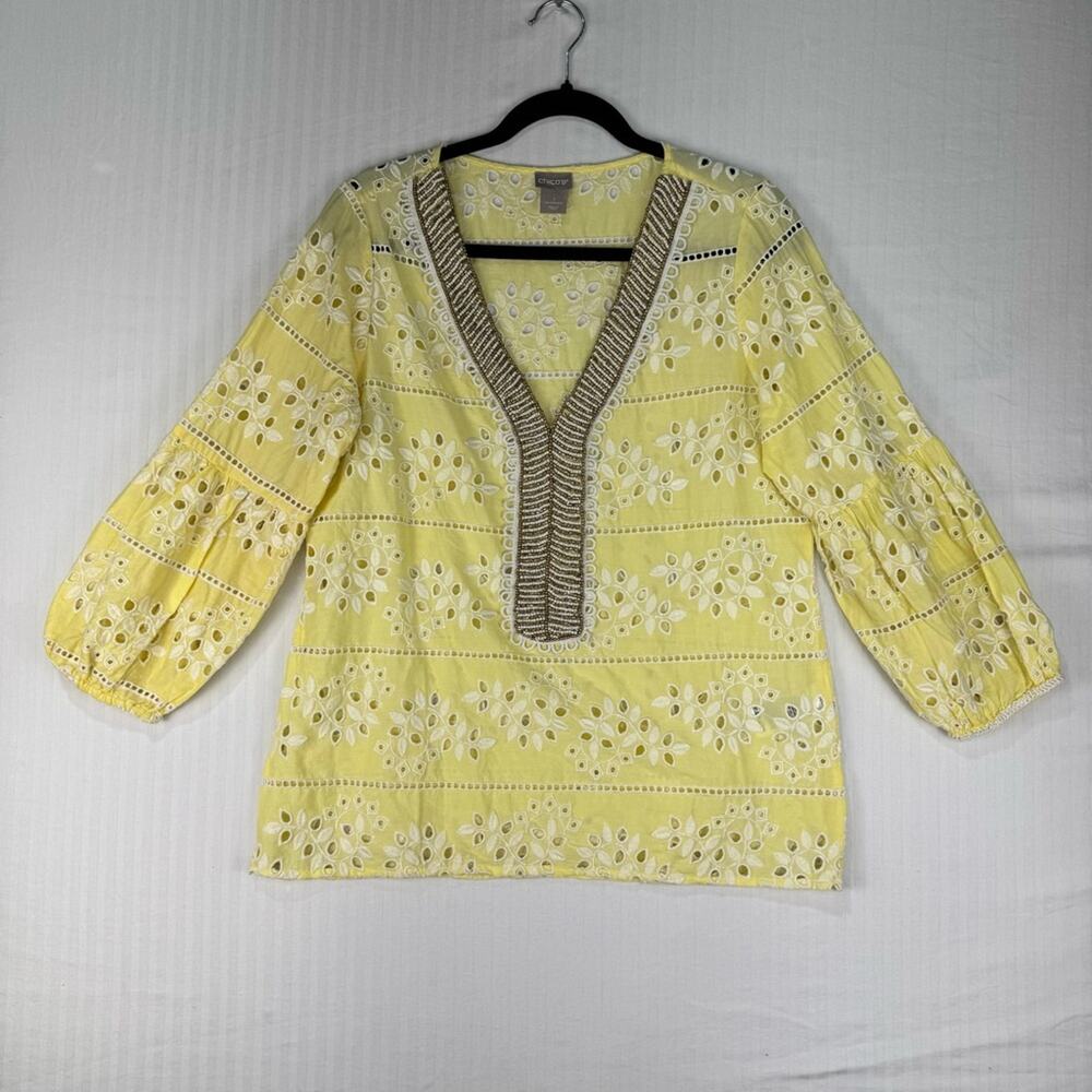 Chico’s Yellow Embroidered Eyelet Beaded V-Neck Boho Top Women’s Size 1/Medium